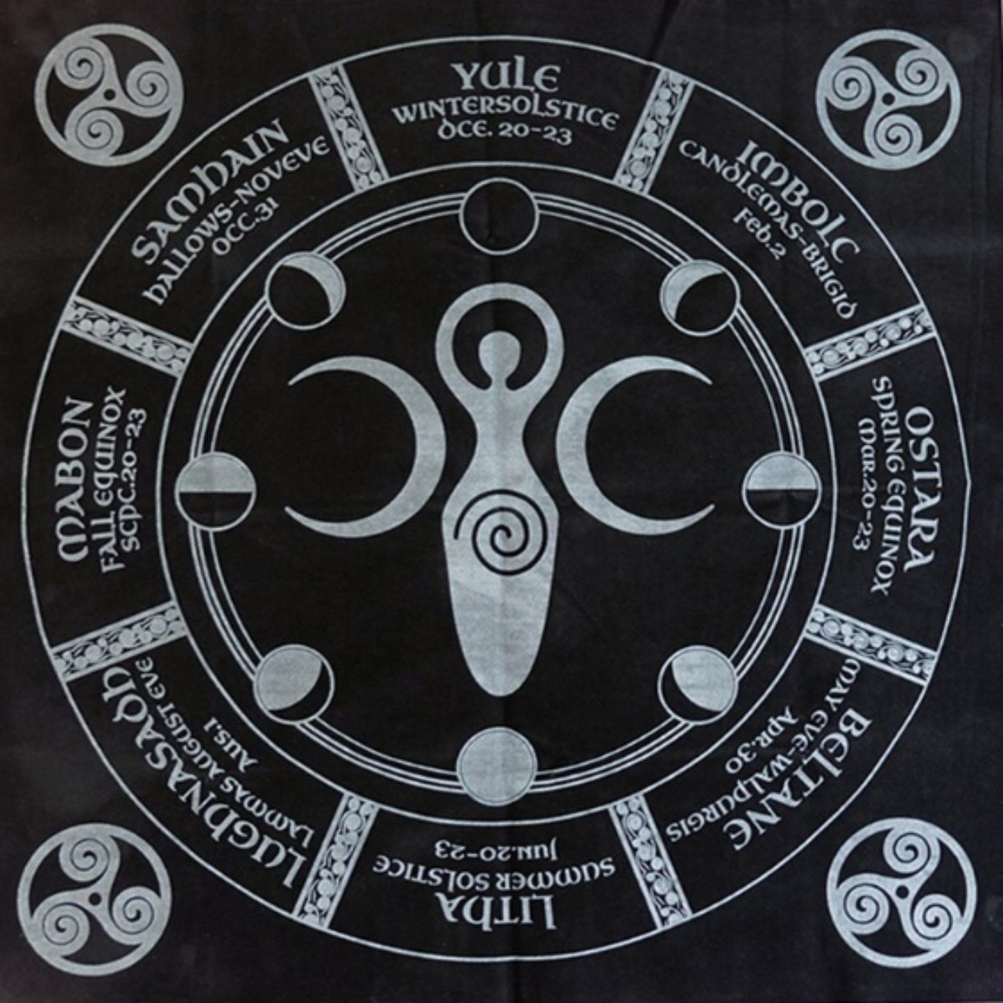 Altar Cloth "Wheel of the Wiccan Year" with Triple Moon Goddess 90cm X 90cm